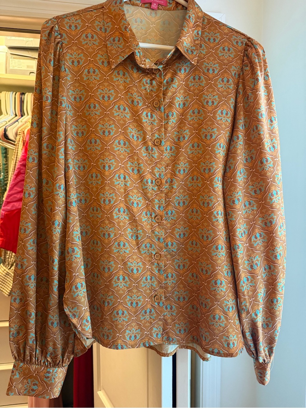 Flying Tomato Rust Button-Down Shirt with Teal Motif